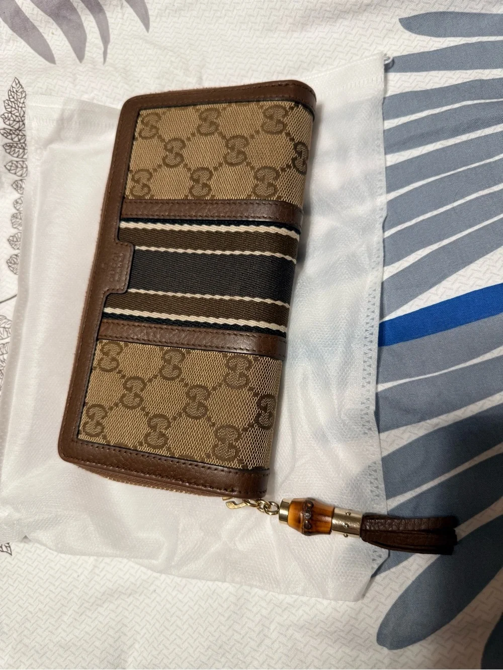 Gucci Brown Monogram Zip Card Holder with Striped Web
